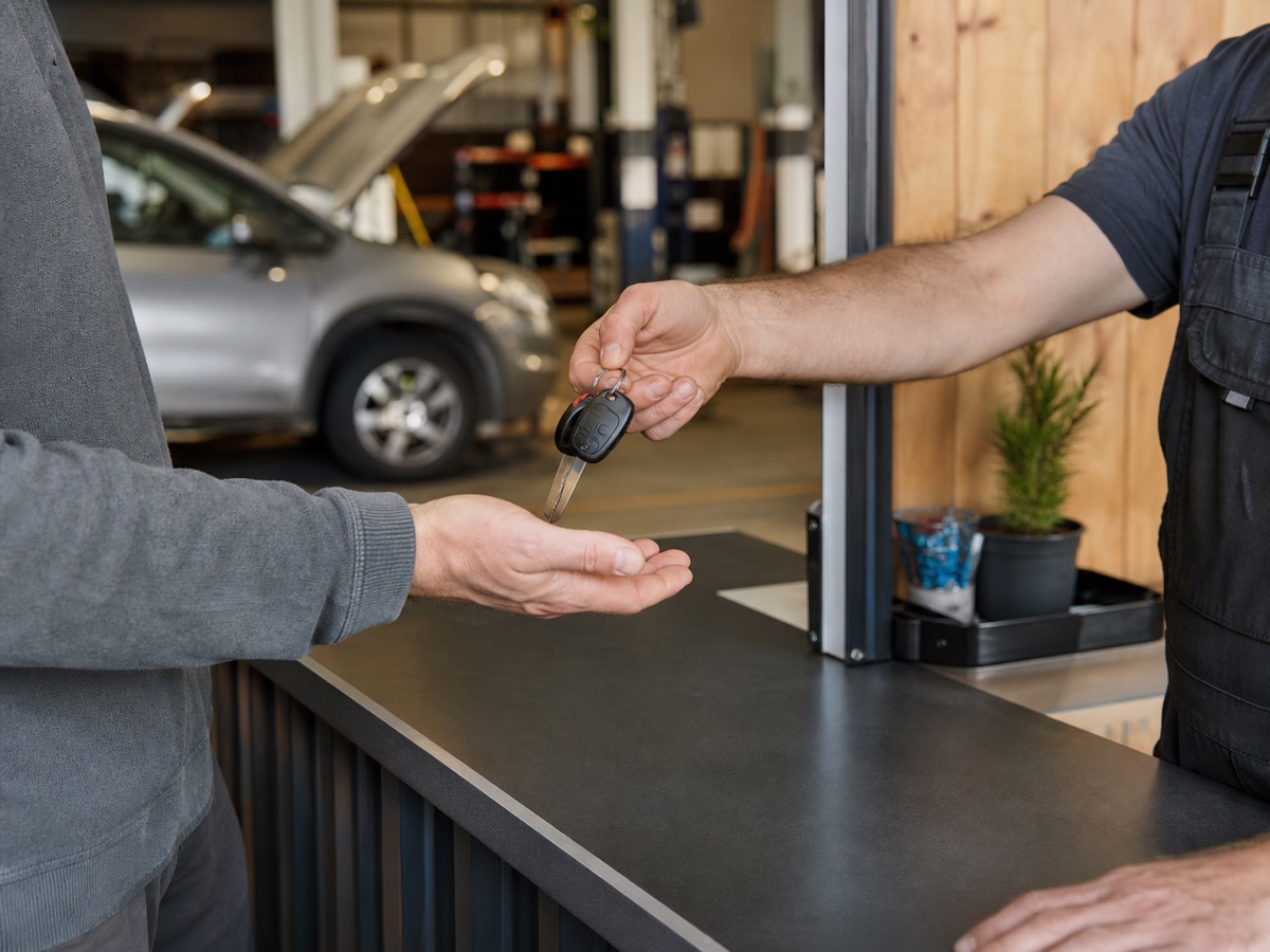 Generated placeholder showing a key handover at a workshop counter.
