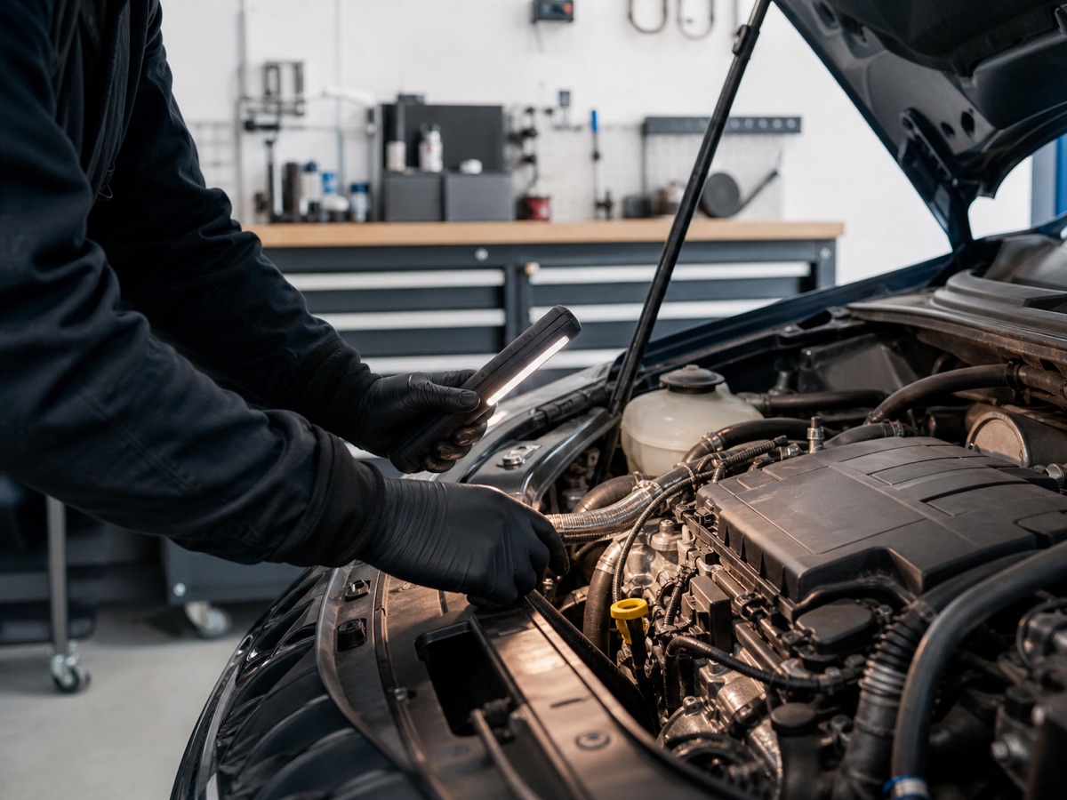Generated placeholder showing gloved hands using an inspection light in an engine bay.