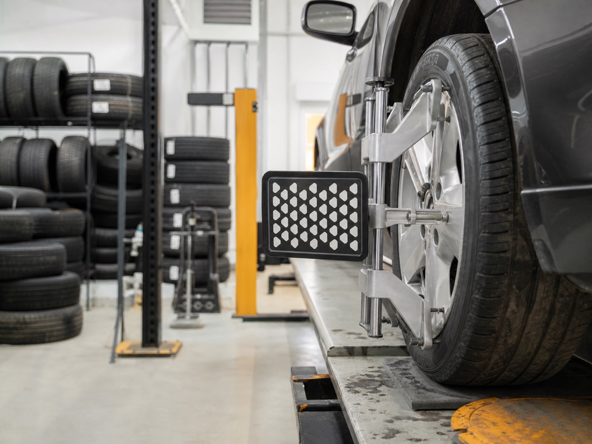 Generated placeholder showing wheel alignment equipment beside tidy tyre stock.