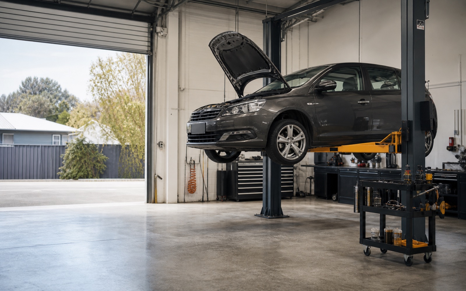 Generated placeholder showing a clean mechanic workshop bay with a car on a hoist.